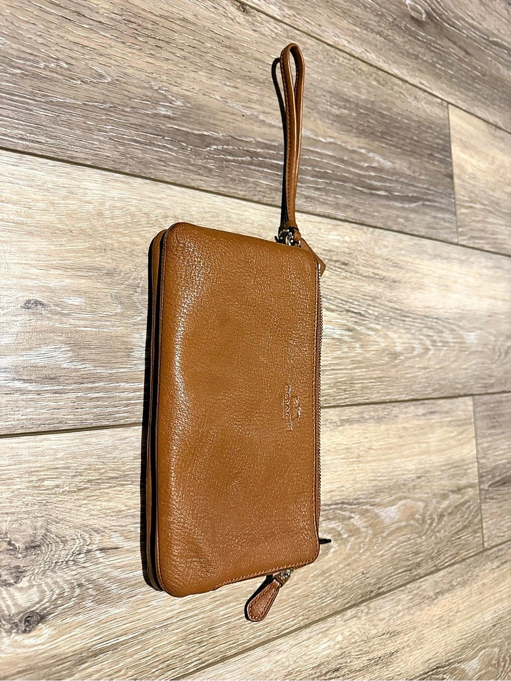 Coach Double Zip Wallet in Pebble Leather Brown Wristlet Clutch